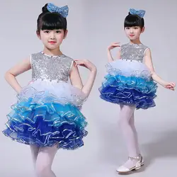 Блестками Современный Танец Сальса платье для девочек Дети Джаз танцевальные костюмы платье девушка конкуренция Сценические костюмы для