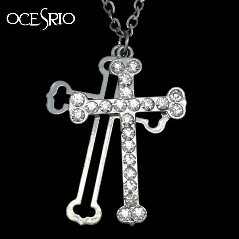 OCESRIO Hip Hop Big Double Cross Pendant Necklace for Women Crystal Silver Long Chain Necklace