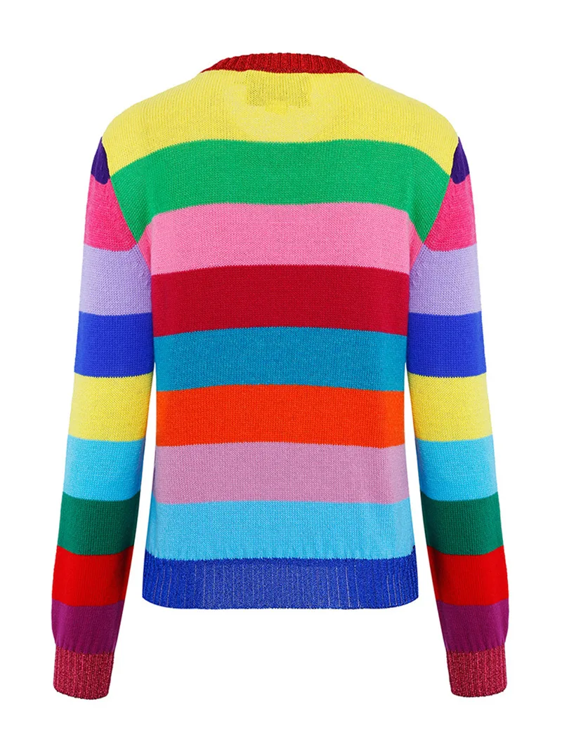 Winter Sequins Tiger Sweaters Women Rainbow Color Striped Pullovers Slim Fit Fashion Streetwear Pull Jumper Femme Clothing
