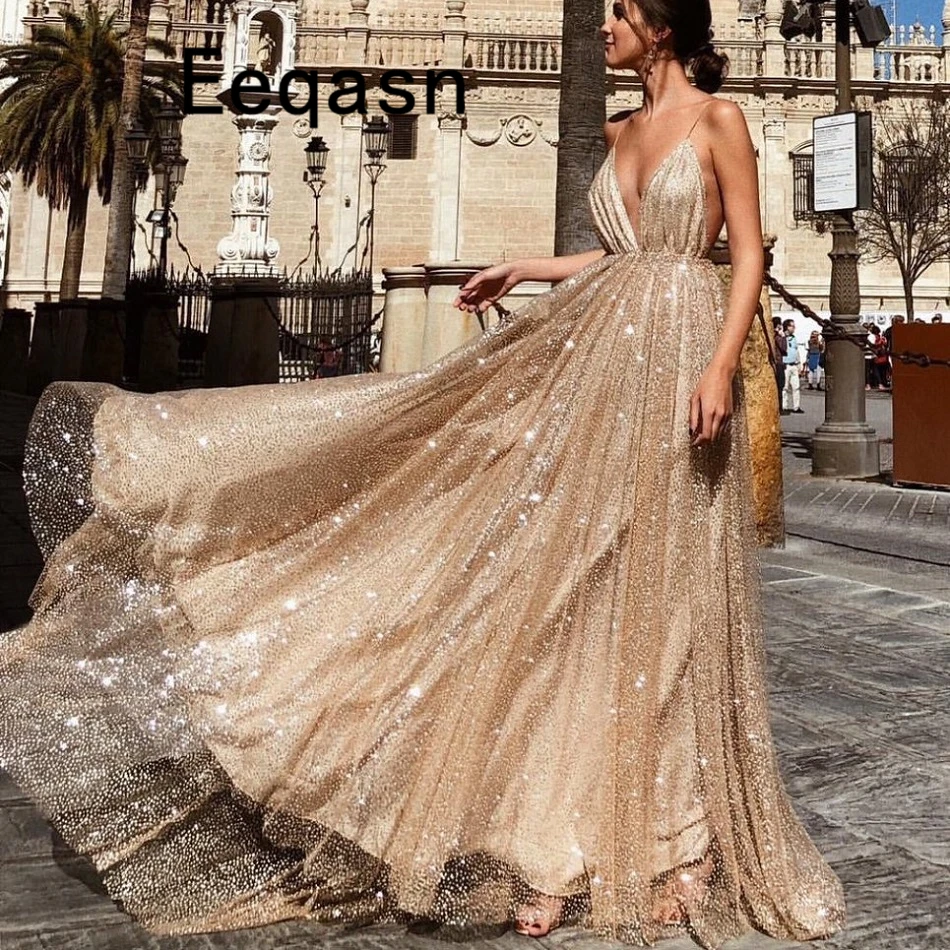 Роскошные Шампанское Золото Вечернее платье длинные блестящие пайетки элегантное платье на тонких бретельках выпускного вечера вечерние халат De Soiree Longue