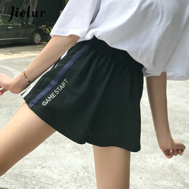 Jielur Side Stripe Letters Embroidery Elastic Waist Loose Shorts Feminino M-XXL Shorts Women Summer 2019 Black Spodenki Damskie
