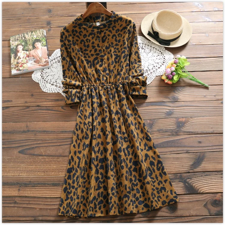 

Mori Girl Autumn Winter Women Long Dress Stand Collar Leopard Print Casual Femme Robe Vestidos Long Sleeve Vintage Elegant Dress