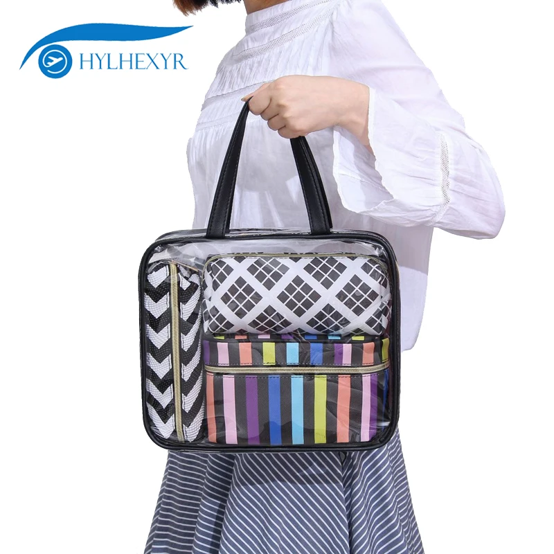 

Hylhexyr 4PCS Striped Cosmetic Bag Transparent PVC Waterproof Travel Toilet Bags One Set Square Makeup Package Cosmetics Cases