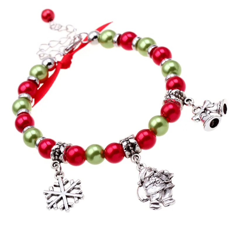 

DoreenBeads Acrylic Hand Made Beaded Bracelets Red & Green Christmas Snowflake Christmas Santa Claus 18cm(7 1/8") long, 1 Piece