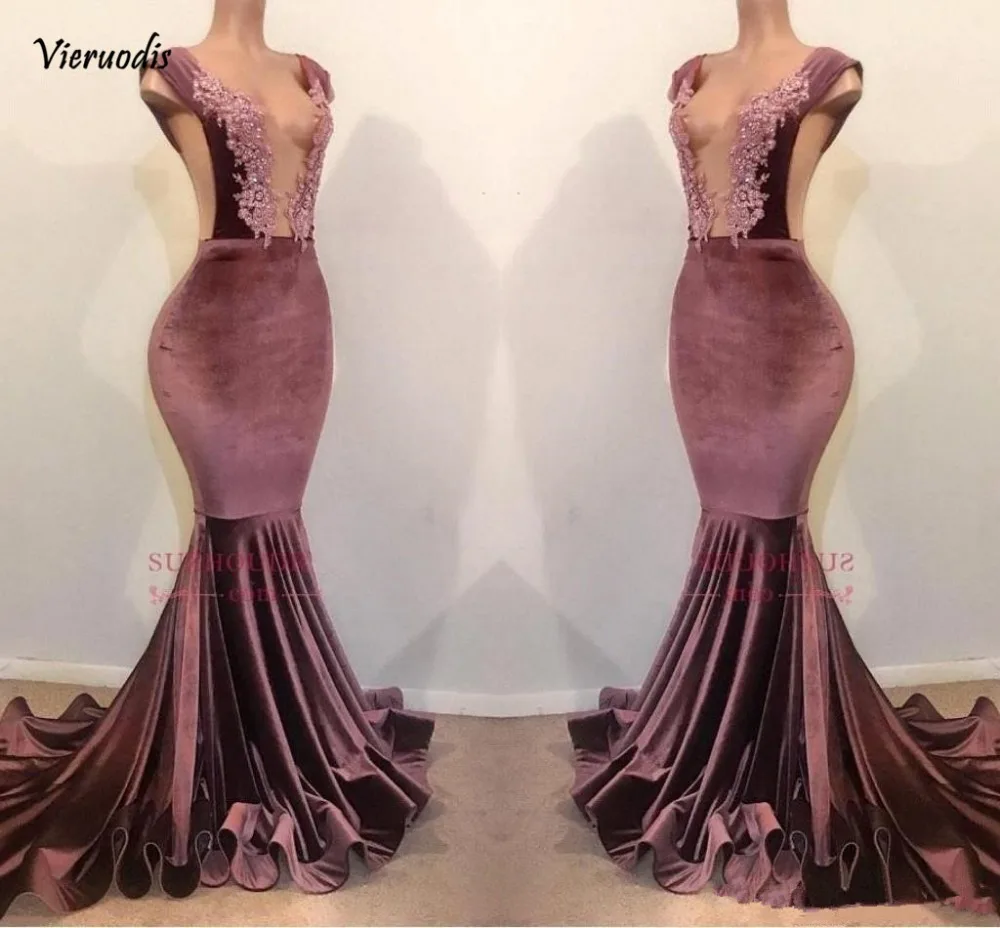 

Real Photo Velvet Mermaid Prom Dresses 2019 Sexy V Neck Backless Beaded Party Gown Lace Appliques Evening dress