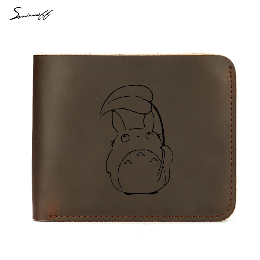 

Smirnoff Engraved Totoro slim wallet Crazy Horse Leather Men Wallet Simple Card Holders Short Purse Cute Animal Cat Purse