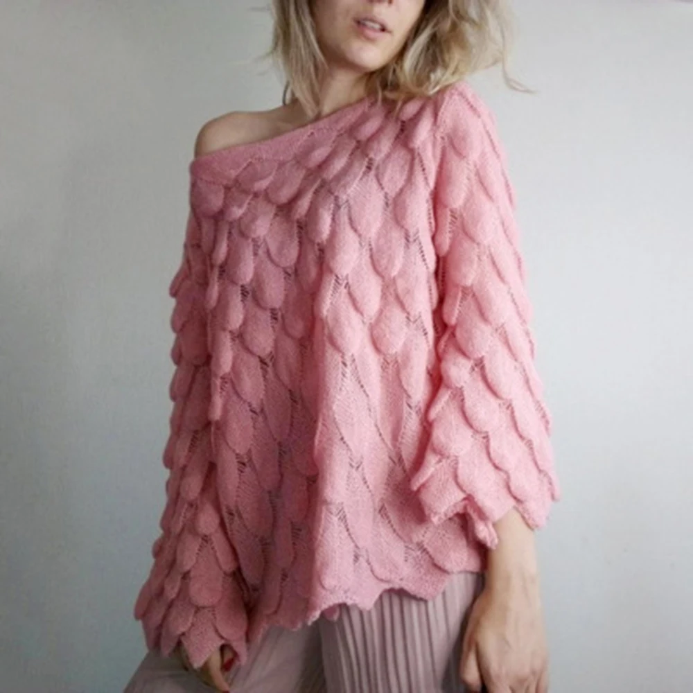 Women's Fashion Sexy Slash Neck Off Shoulder Flare Sleeve Sweaters 2019 New Feather Shape Casual Loose Knit Pullovers | Женская