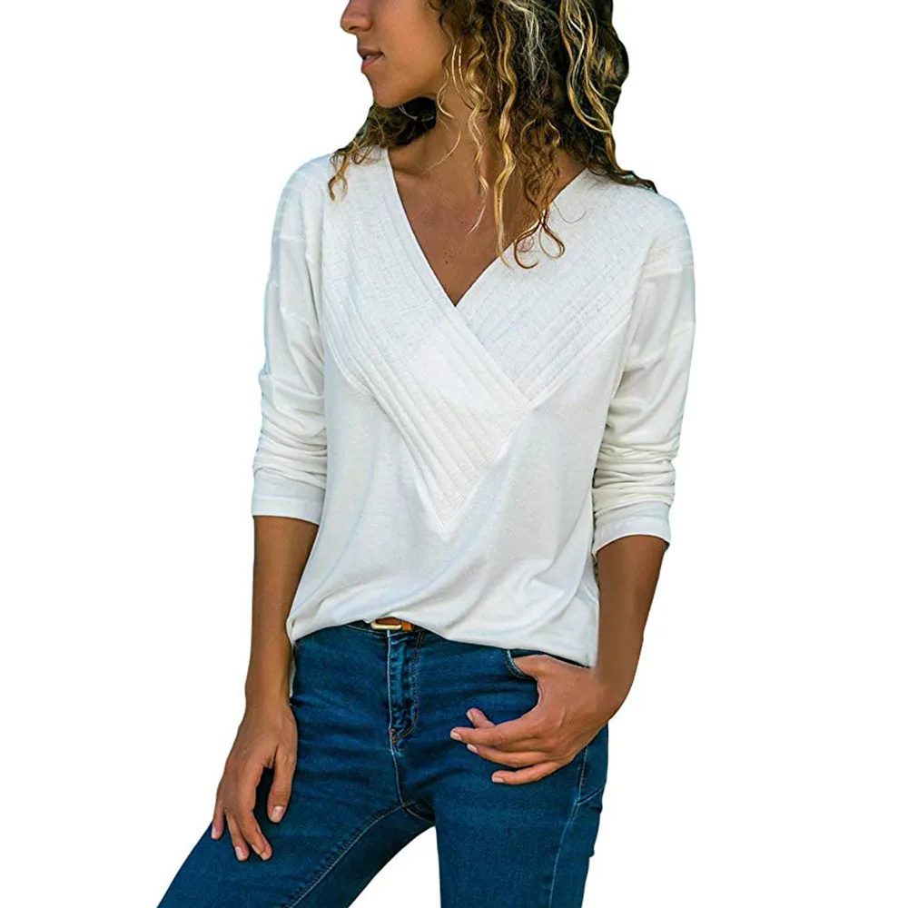 2019 женские блузки с v-образным вырезом на каждый день, с запахом спереди, с v-образным вырезом, с длинным рукавом, свободная посадка, Базовая