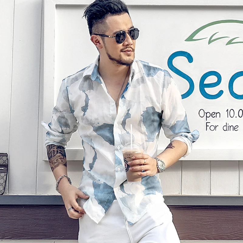 

New Arrival Man Shirt Pattern Design Long Sleeve Floral Flowers Print Slim Fit Man Casual Shirt Fashion Dress Shirts Chemis S875