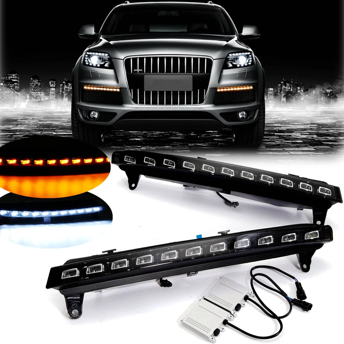 Pair 12V LED Car Daytime Running DRL Fog Lamp Light With Yellow Turn