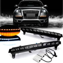 Buy Pair 12V LED Car Daytime Running DRL Fog Lamp Light With Yellow Turn Signal Indicator Light for audi q7 2006 2007 2008 2009 Free Shipping