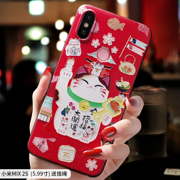 

Japanese style Fujiyama festival beckoning cat Lucky Cat Emboss Case For Xiaomi MI MIX 2S MIX2S , For Redmi note 5 . Redmi 6 Pro