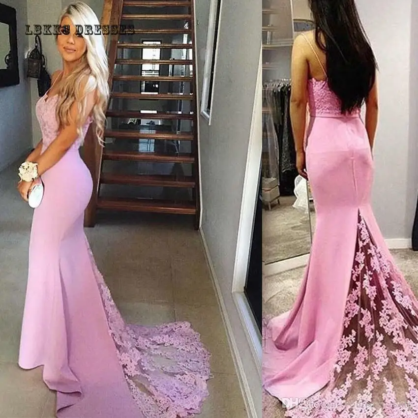 

2019 Pink Mermaid Evening Dress Appliqued Lace Formal Women Dresses Long Evening Party Abiye Gece Elbisesi Vestido De Festa