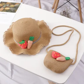 

Summer Sweet Beach Strawberry Pattern Straw Sun Cap And Handbag For Baby Girls 4-8 Years
