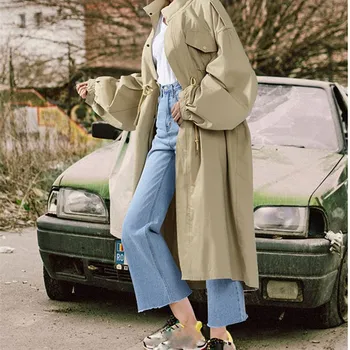 

Women Spring Fall New Solid Trench Long Outerwear Loose Clothes For Lady With Belt Casual Coat