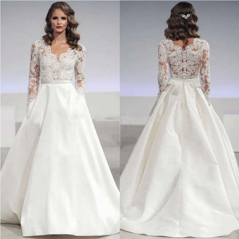 Satin Skirt Wedding Dress 2017 V Neck Top Lace Long Sleeves Bride Satin Skirt Wedding Dress 2017 V Neck Top Lace Long Sleeves Bride Dresses Elegant Gowns Price Casamento In From Weddings