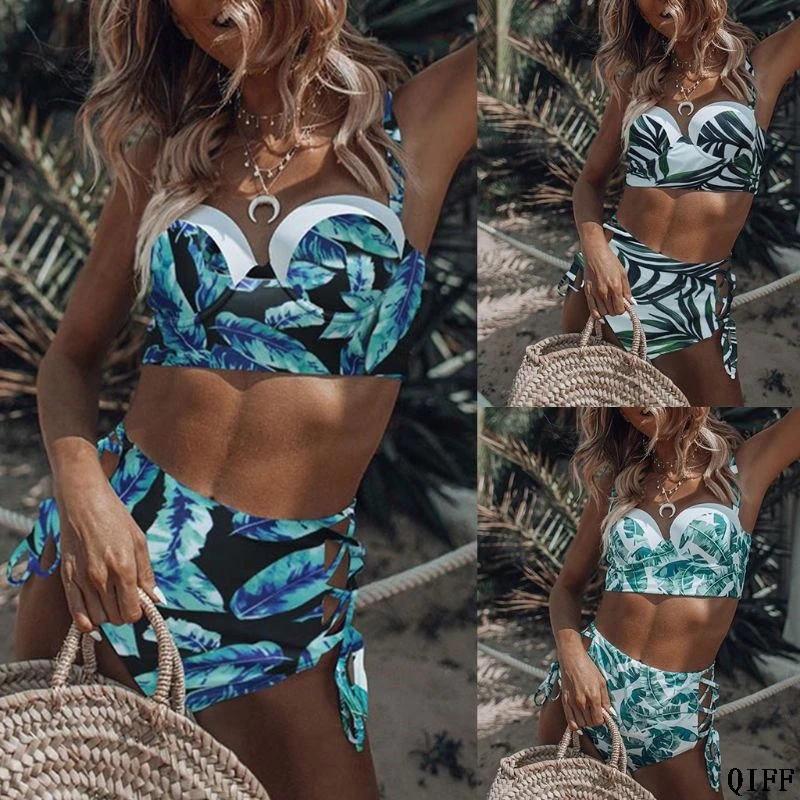 

Dropshipping Sexy Two Piece Bikini Set Push Up Underwire Boho Tropical Leaves Printed Swimsuit APR28