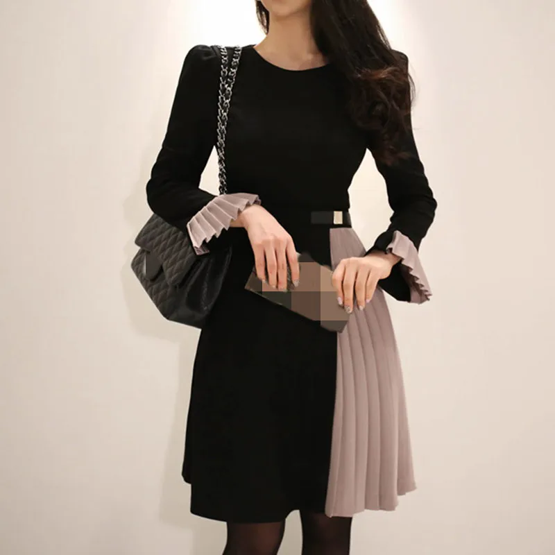 

New 2019 Women Autumn Vintage Ruffles Tunic Pleated Dress Korean Office Lady Long Sleeve Patchwork O-Neck Elegant Party Dresses