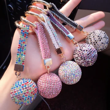 

New Strass Rhinestone Keychains High Quality Leather Strap Crystal Ball Car Keychain Charm Pendant Key Ring For Women J021