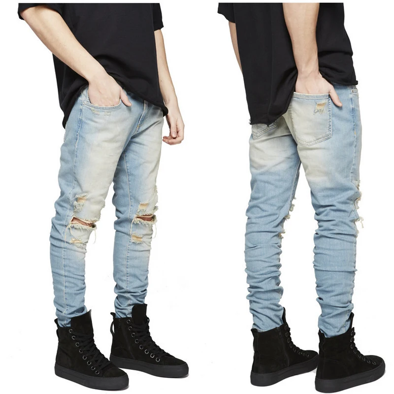 Men personality ripped jeans with hole slim fit denim pants mens white blue red black distressed punk hip hop jeans trousers