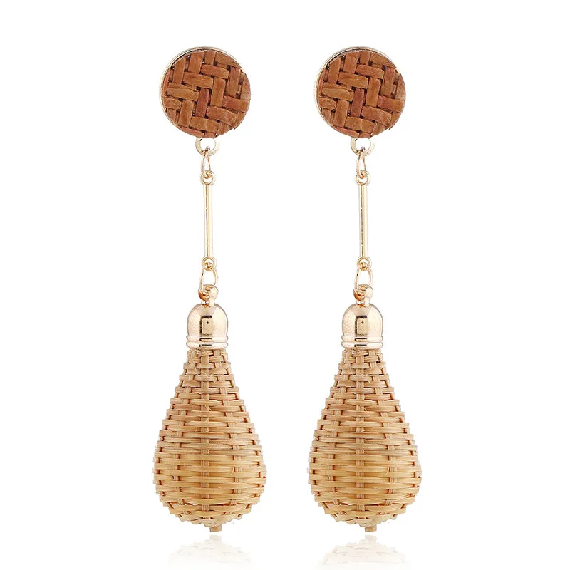 Handmade Rattan Knit Light Bulb Pattern Drop Earrings Wood Straw Weave ...