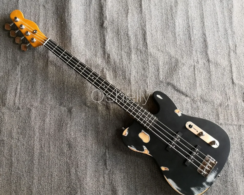 

top quality QShelly custom black TL relic vintage old used 4 strings bass faded Ash body ebony fretboard electric bass guitar
