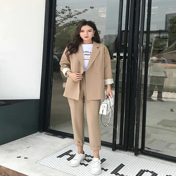 

Paris Girl Women's Casual Solid Color Pants Suit With Cropped Collar Suit And Pencil Pants Khaki Suit
