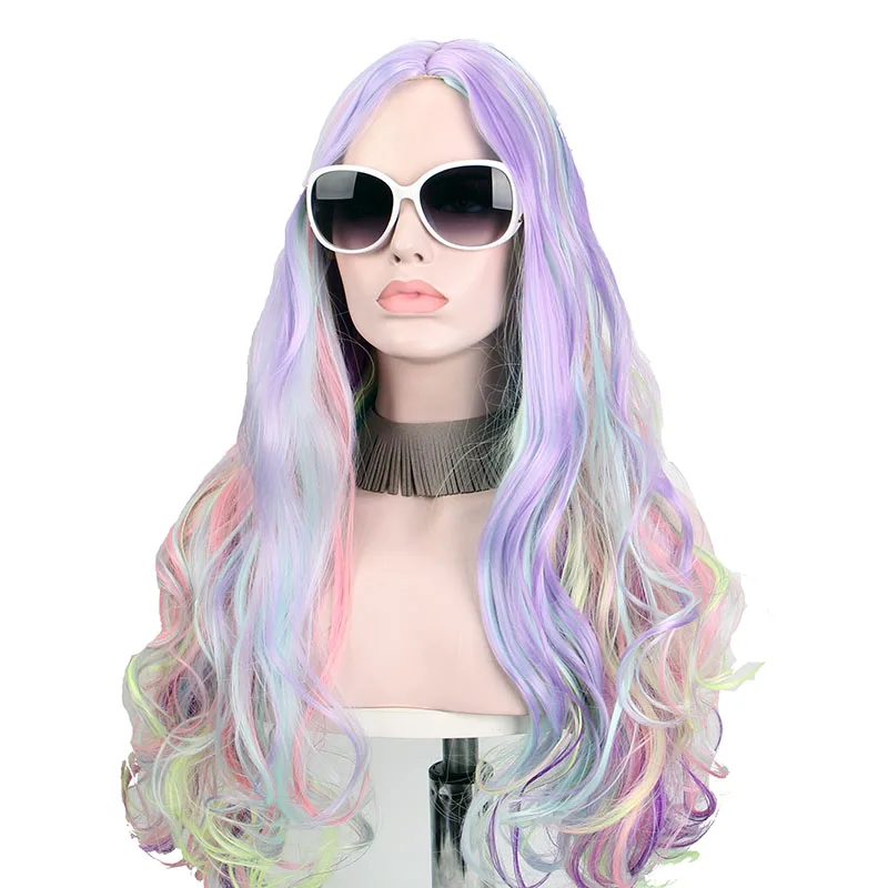 

Long Wigs for Black Women Multicolored Cosplay Curly Synthetic Hair Part No Bangs Heat Resistant Mixed Color Anxin Cosplay Wigs