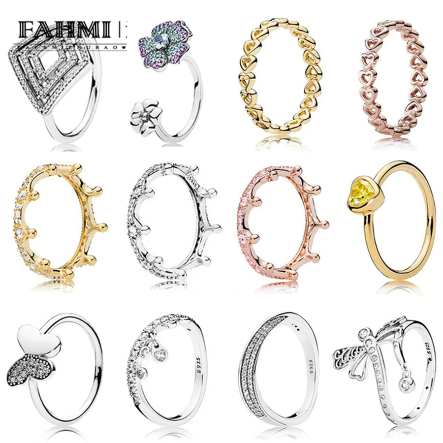 

FAHMI 100% 925 Silver 1:1 Elegant Wave Butterfly Shiny Drops 18K Gold Magic Crown Women Ring GEOMETRIC LINE GLORIOUS BLOOMS RING