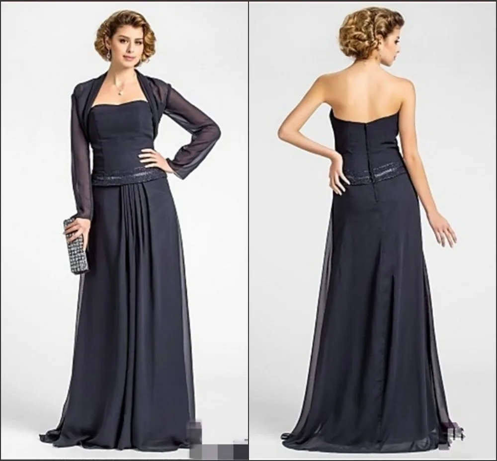 Black Chiffon A Line Floor Length Long Sleeve Mother Of The
