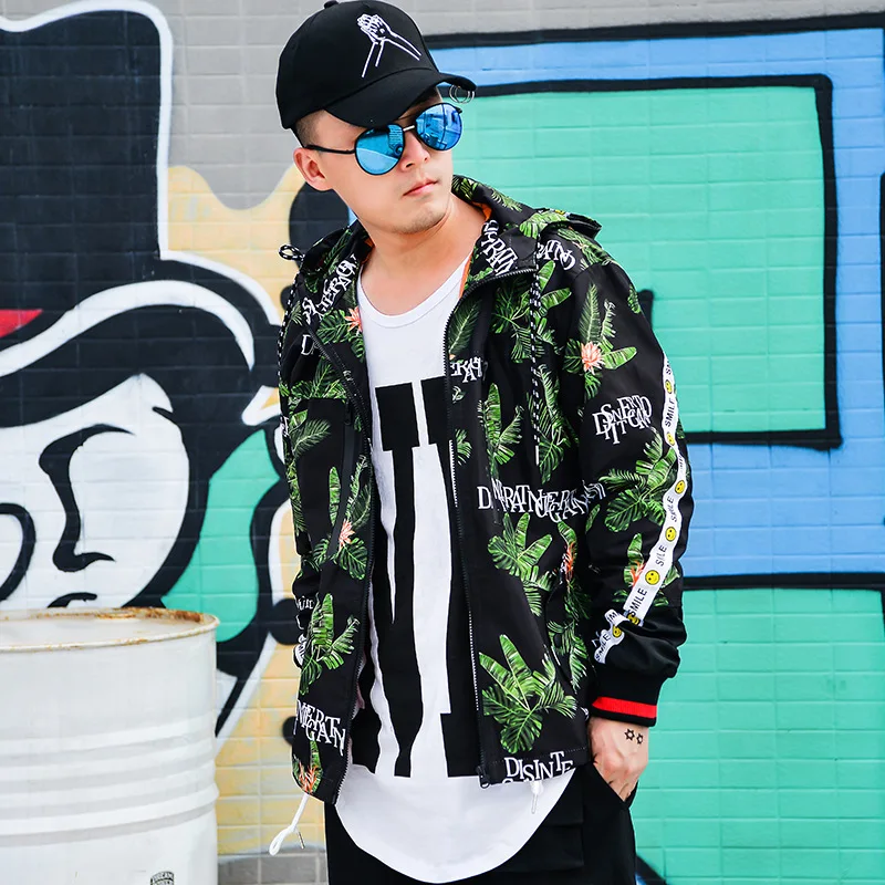 Men Hip Hop Leaf Printed Jacket Windbreaker 2019 Spring Mens Harajuku Hooded Jackets Streetwear Hoodie Jacket Coat Clothes WG170
