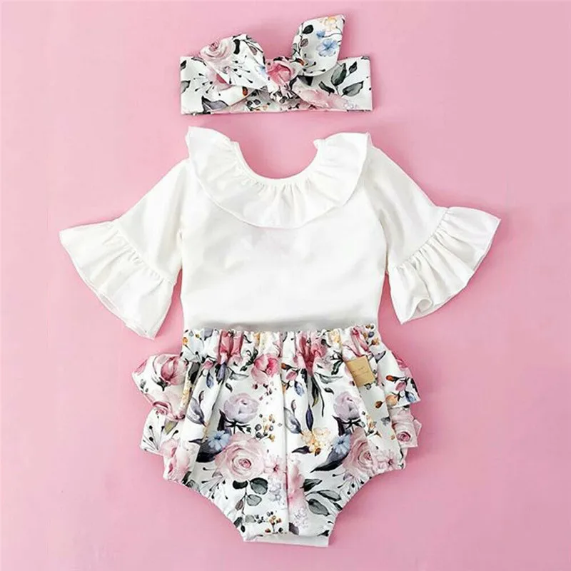 

Newborn Summer Baby Clothing Girl Backless Flare Sleeve Tops+Floral Shorts+Headband 3PCS Outfits Set Cute Casual Clothes