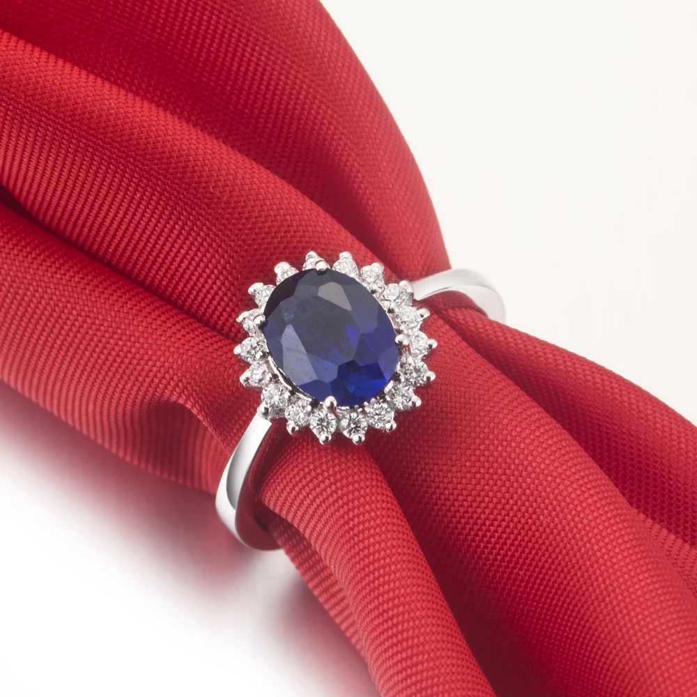 1.5CT Solid 18K White Gold Blue Fine Diamond Engagement Ring For Women Oval Shape High Quality Lovely Wedding Band Ring 4