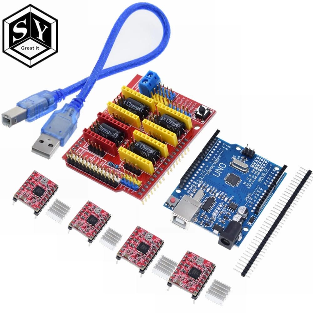 CNC щит v3 гравировальный станок 3d принтер+ 4 шт. A4988 Плата расширения драйвера для Arduino+ UNO R3 с USB кабелем