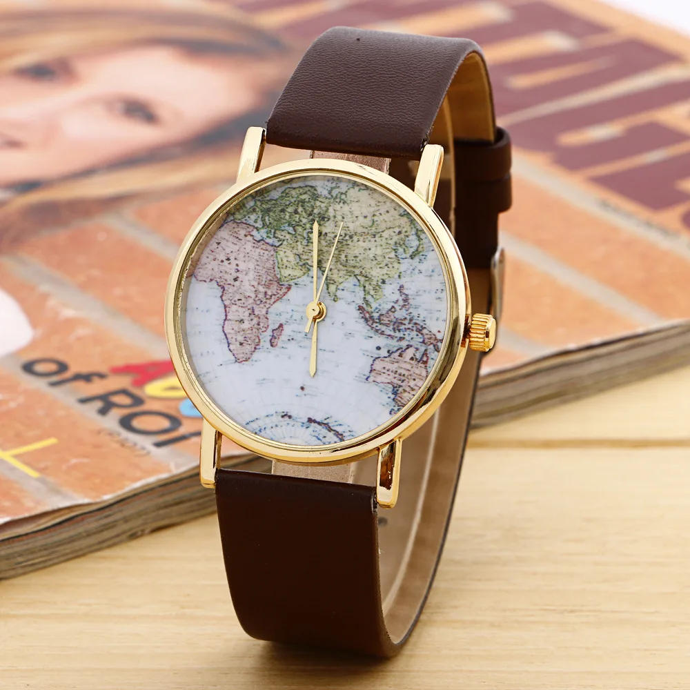 

2016 New Fashion World map Leopard Watch Woman and Man Creative Gold shell Watches