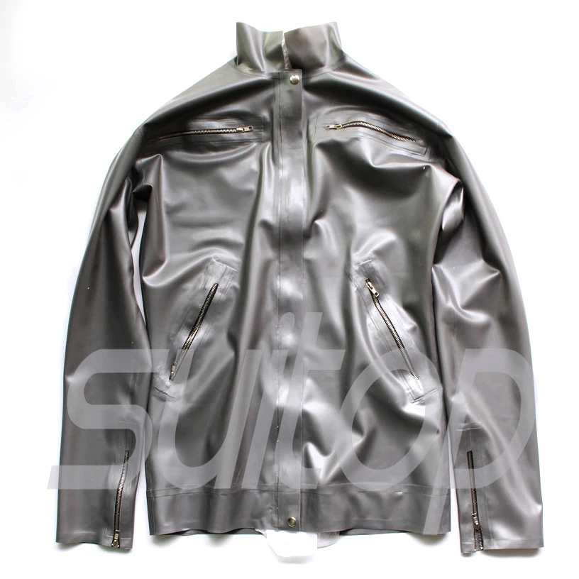 Men 's latex jacket with high neck rubber latex in metallic silver