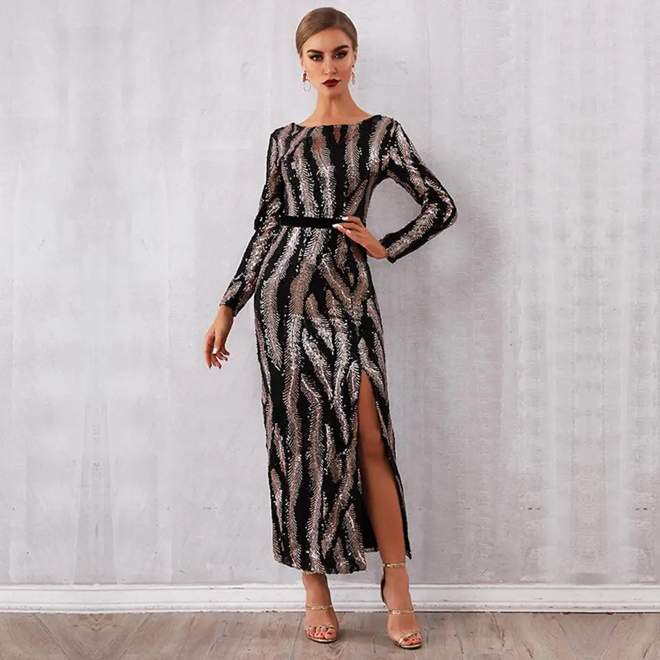 

Newest Celebrity Party Long Dress Women Long Sleeve O-Neck Sequined Sexy Split NightClub Backless Maxi Dress Women Vestidos