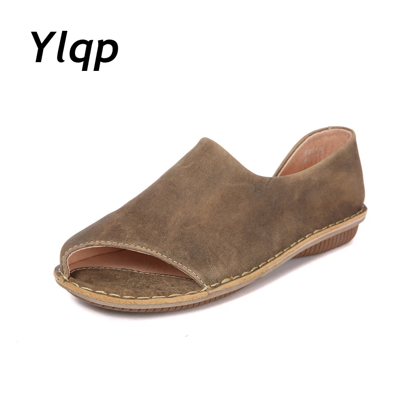 

2018 New Women Roman Sandals Peep Toe Summer Ladies Vintage Sandals Flat Heel Shoes Out Genuine Leather Flats Loafers