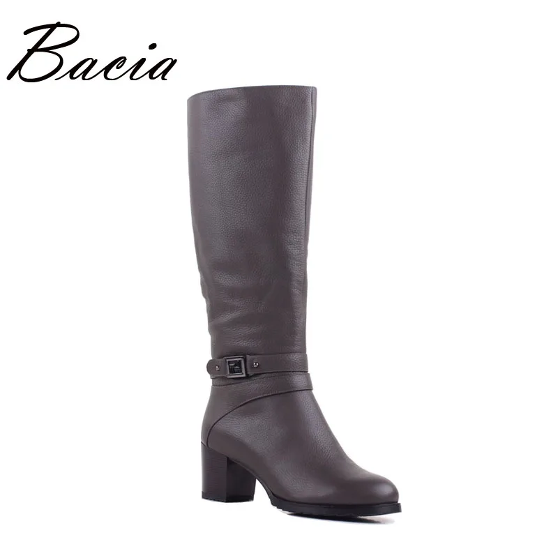

Bacia Women Knee High Boots Genuine Leather High Heel Boots Wool Long Plush Warm Winter Shoes Buckle Zipper Ladies Shoes VB097