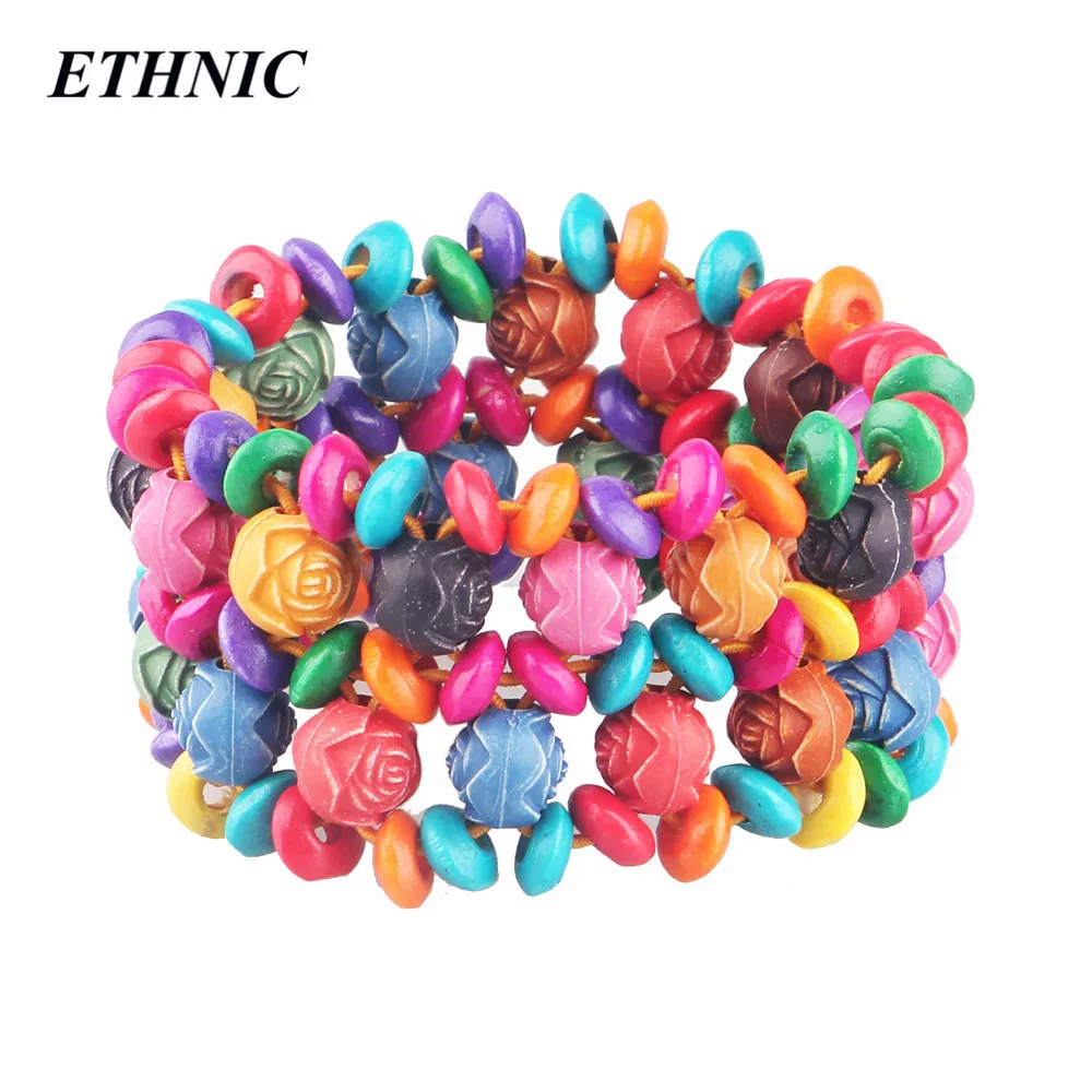 

2018 Bohemian Wide Colorful Wood Beaded Rose Charm Elastic Chain Bracelets for Women Fashion A Bracelet