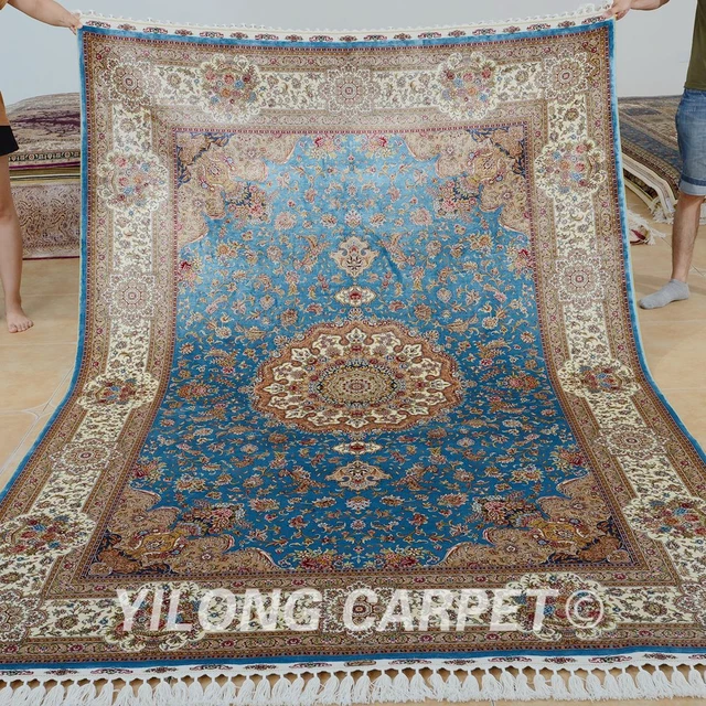 Yilong 6 X9 Kashmir Qum Carpet Vantage Blue Handmade Silk Persian Yilong 6 X9 Kashmir Qum Carpet Vantage Blue Handmade Silk Persian Rugs 0708