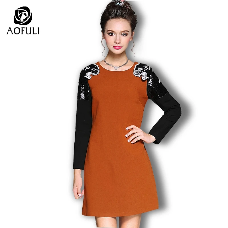 

AOFULI Women Patchwork Straight Dresses Sequined Tiger Long Sleeves Big Size Casual Dress Fashion Brown Black L- 4XL 5XL B6070