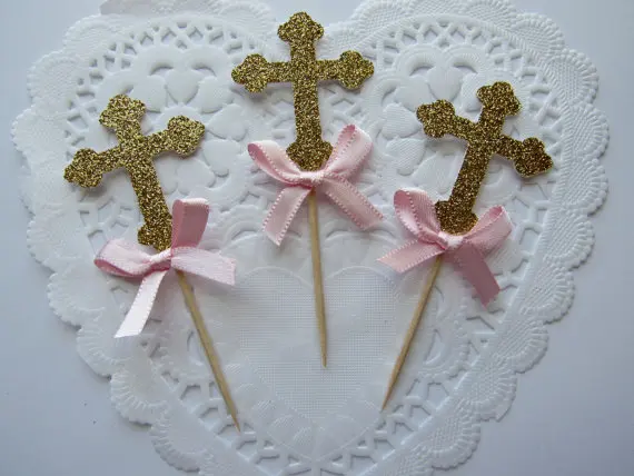 

glitter Gold and Pink Cross Baptism Communion Cupcake Toppers birthday bachelorette wedding baby bridal shower toothpicks