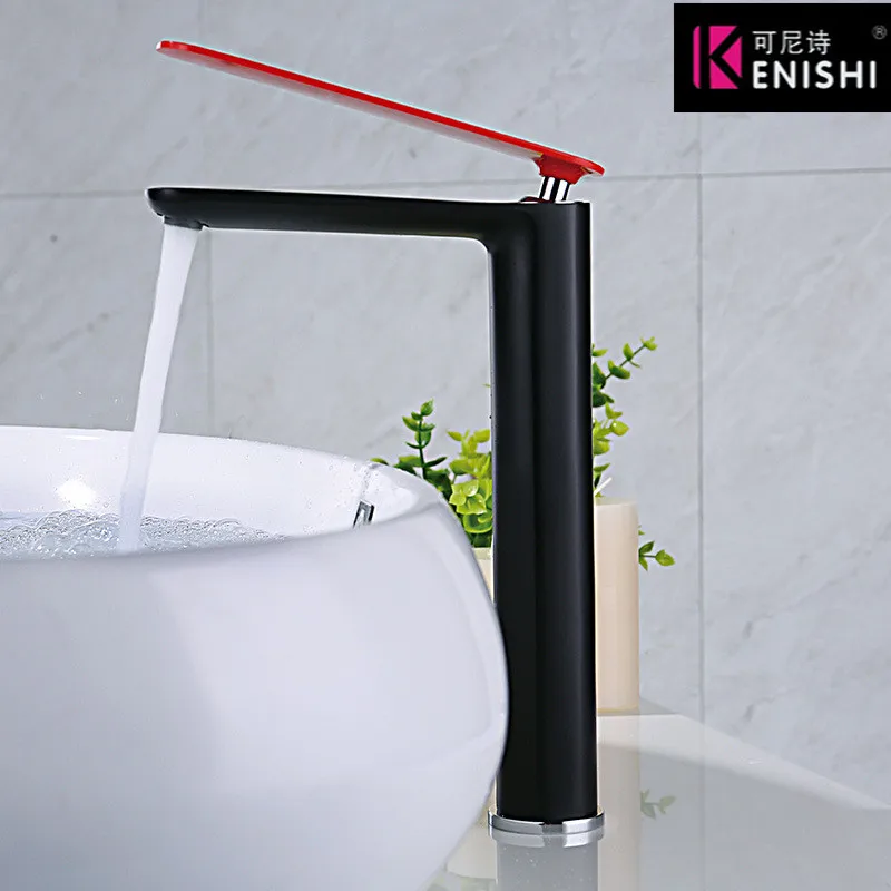 

Kenishi Bathroom Brass Basin Faucet Chrome Plated Black Faucet Heightened Red Baked With Golden Finish Hot&Cold Water