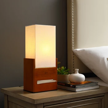 

Japanese Style Wood Bedside Lamp Bedroom Table Lamp Modern Creative Simple Study Desk Lamp with Paper Box