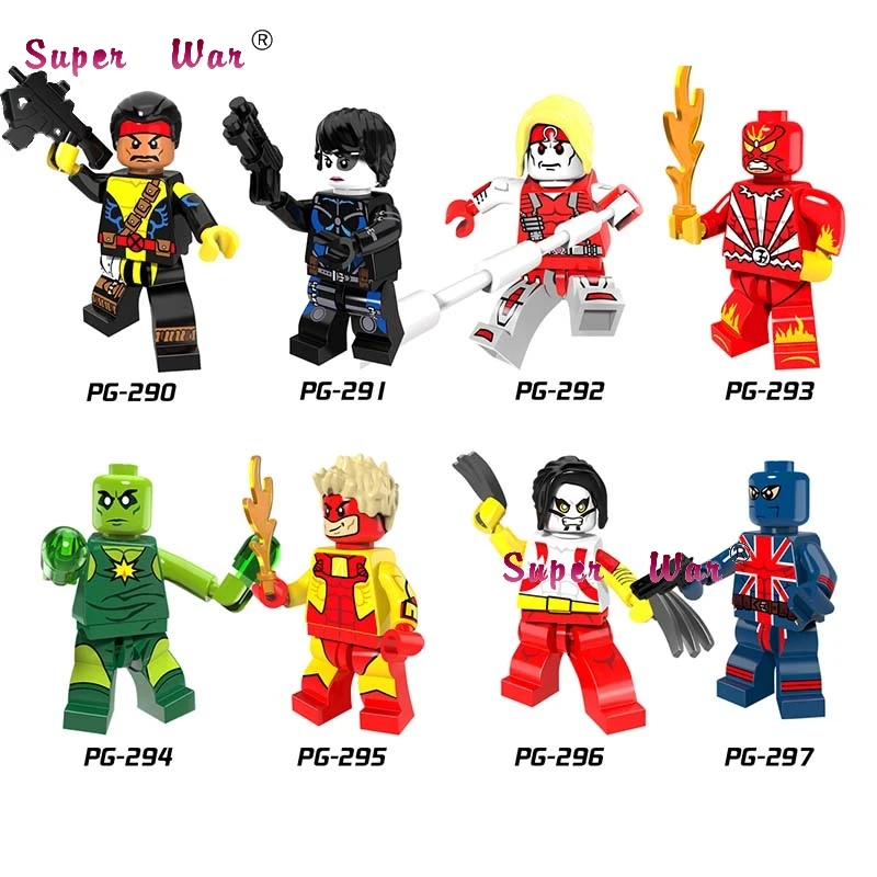 

1PCS Super Hero DC Comics Forge Pyro Domino Radioactive Man Union Jack Omega Figure building blocks toys for children