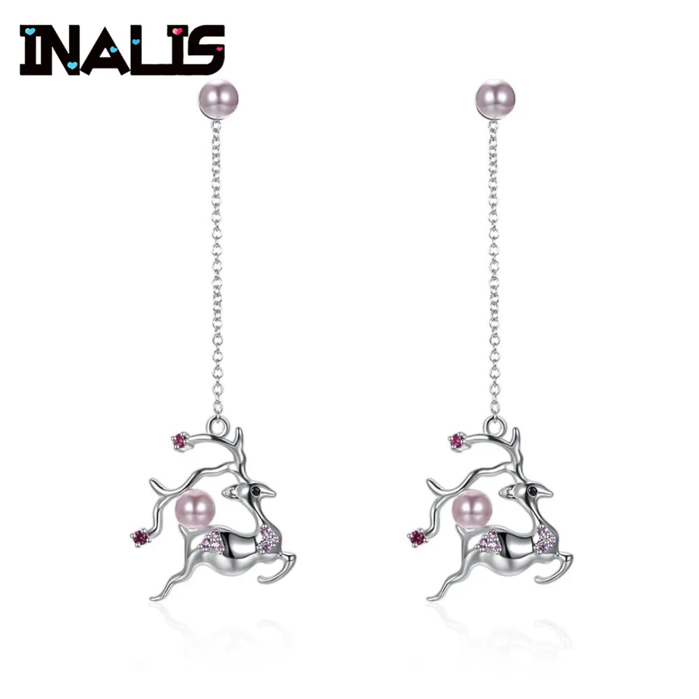 

INALIS New Luxurious Chirstmas Gift Drop Earrings 925 Sterling Silver Pink Sea Shell Pearl Sika Deer Dangle Brincos Women Girls