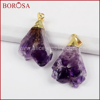 

BOROSA 10PCS Gold Color Natural Purple Crystal Freeform Pendant Beads Amethysts Druzy Pendant Beads for Necklace Making WX894