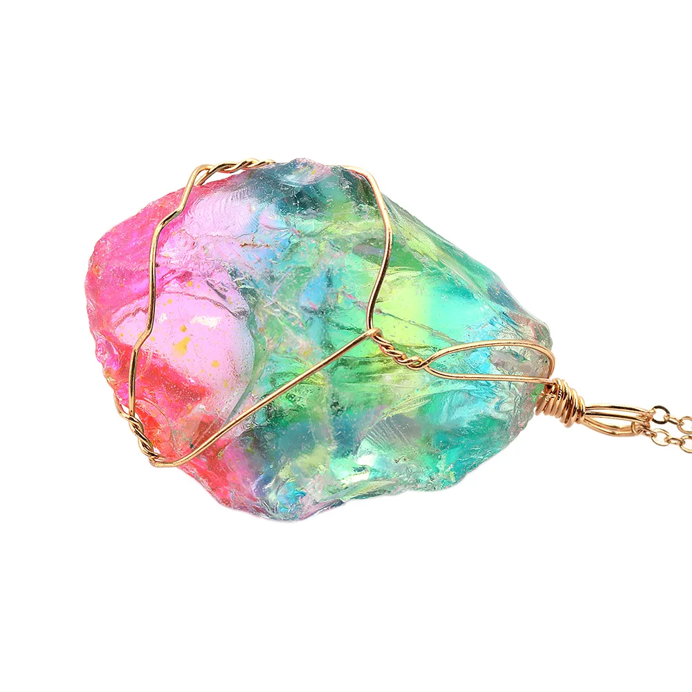 Rainbow Stone Pendant Necklace Fashion Crystal Chakra Rock Necklace Gold Color Chain Quartz Pendant Necklace For Women Gifts