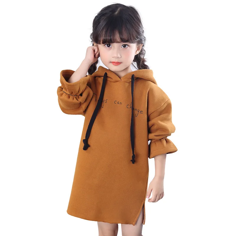

Baby Girl Dress 2019 Winter Long Sleeve Hooded Thicker Warm Letter Dresses for Large Girls Cotton Children Clothing Kids Clothes